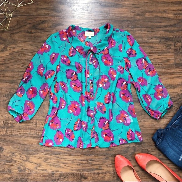 ModCloth • Jade Floral poppy print Peter Pan collar blouse chiffon bow tie neck - Picture 1 of 11